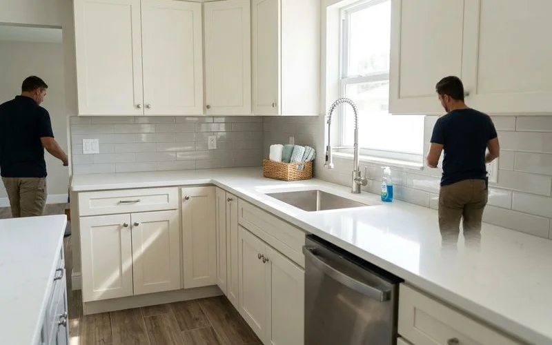 Completed reconstruction showing restored kitchen after water damage
