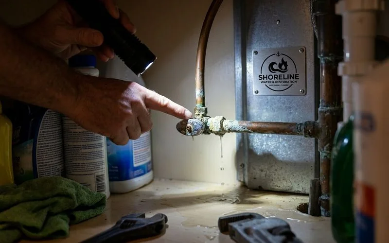 Homeowner inspecting plumbing supply lines before hurricane season