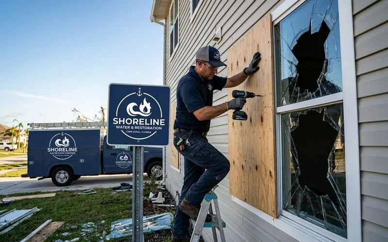 Emergency window and door board-up after storm damage
