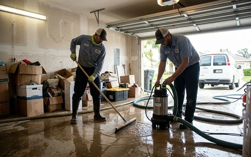 Water flood cleanup crew removing debris and standing water