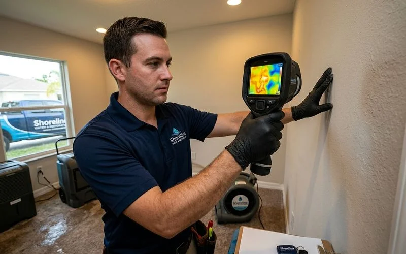 Professional moisture detection revealing hidden water damage behind wall