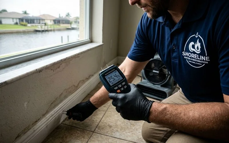 Moisture meter showing elevated readings in canal-front home wall