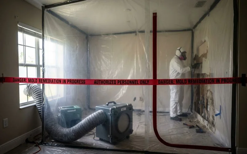 Mold containment setup with HEPA filtration and negative air pressure