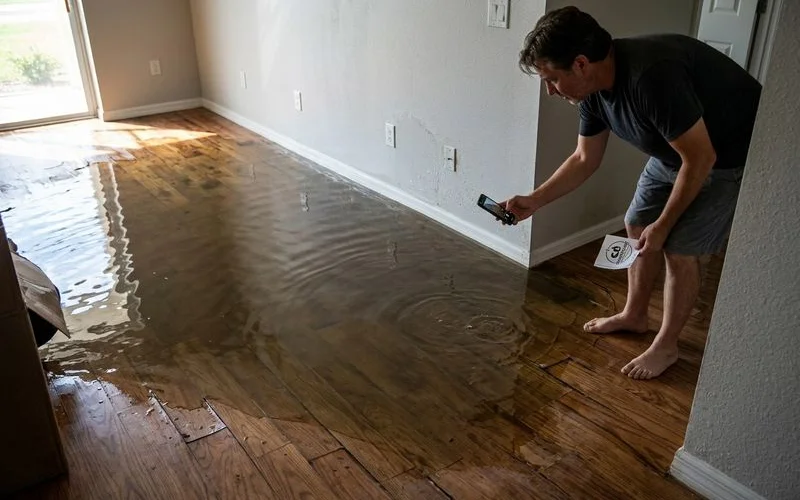 Standing water on floor from burst pipe being documented for insurance