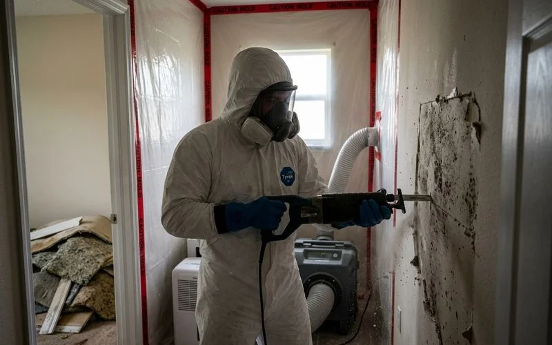 Mold remediation technician removing contaminated drywall