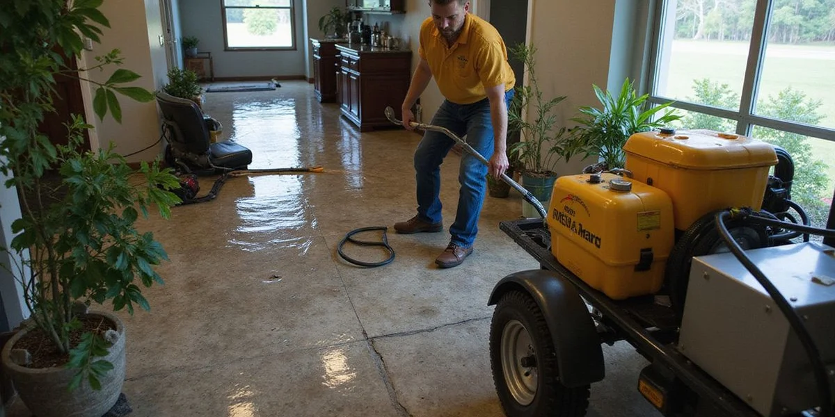 IICRC certified technician deploying industrial water extraction equipment in flooded Cape Coral residential property after emergency