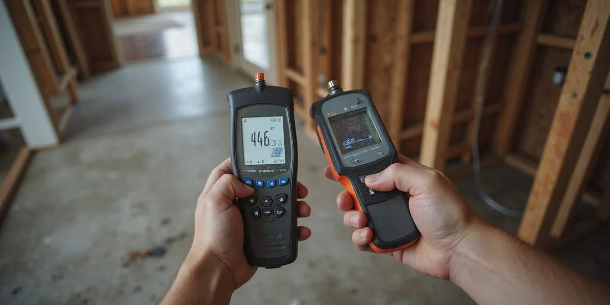 Moisture meter readings being taken after emergency water removal to verify structural drying progress in Cape Coral home
