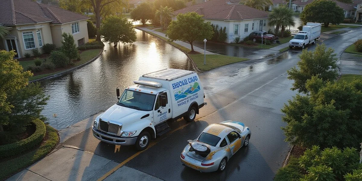 Shoreline Water and Restoration emergency water removal crew responding to flooded Cape Coral neighborhood property dispatch