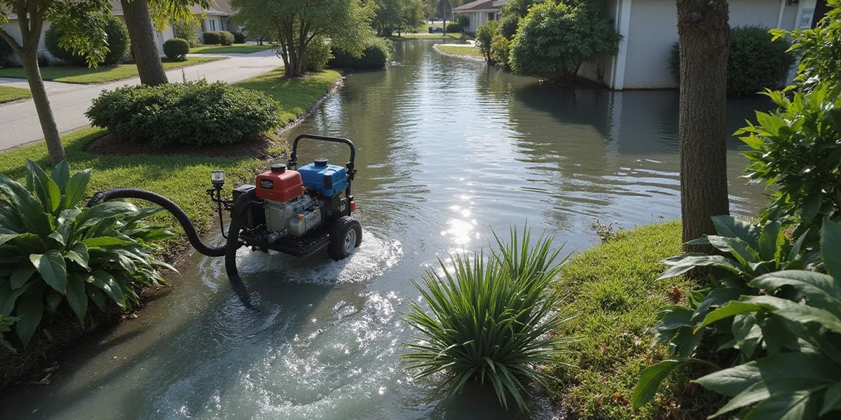 Submersible pump removing deep standing water from flooded residential property in Cape Coral Southwest Florida